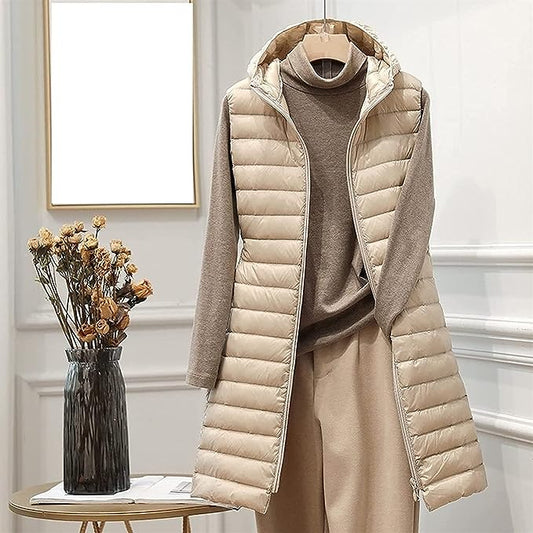 Dames Lange Gewatteerde Bodywarmer met Capuchon Beige