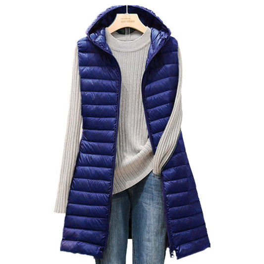Dames Lange Gewatteerde Bodywarmer met Capuchon Donkerblauw