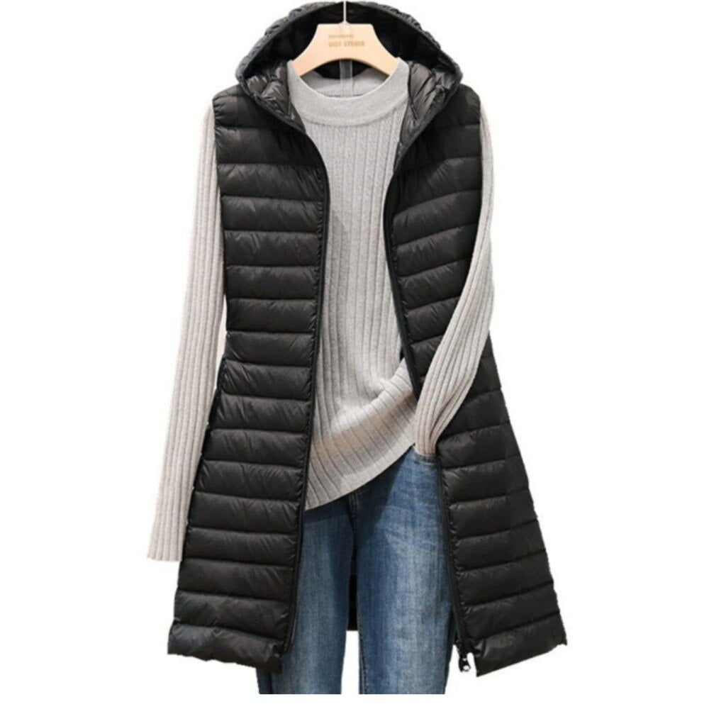 Dames Lange Gewatteerde Bodywarmer met Capuchon Zwart