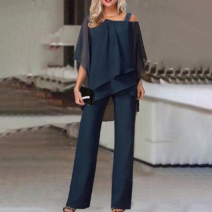 Dames Jumpsuit Set met Off-Shoulder Top en Elegante Stijl Donkerblauw