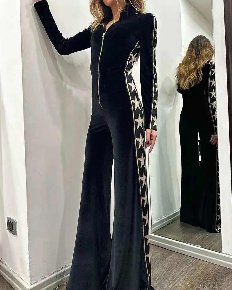 Dames Jumpsuit met Wijde Pijpen en Voorrits met Sterrenprint