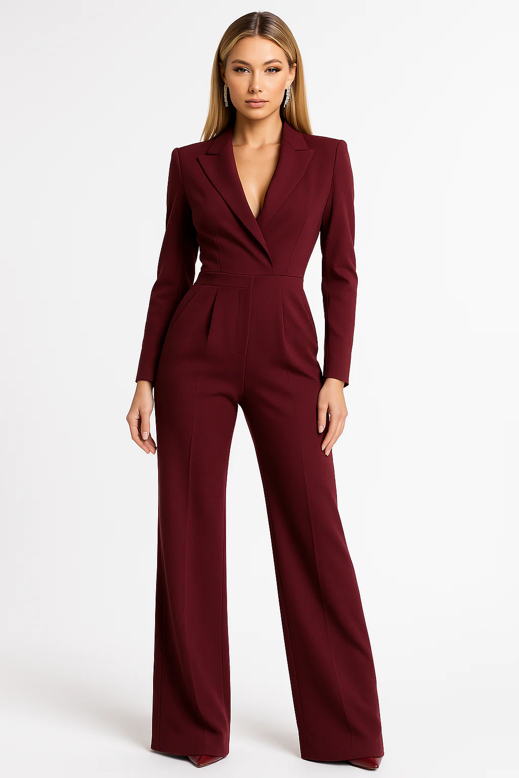 Dames Jumpsuit Lange Mouw met V-hals en Wijde Pijpen Rood