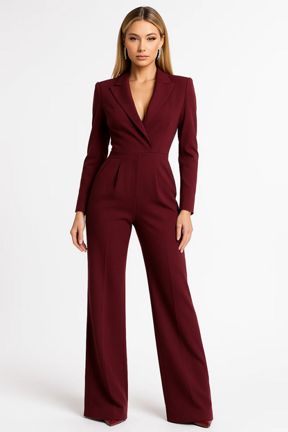 Dames Jumpsuit Lange Mouw met V-hals en Wijde Pijpen Rood