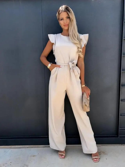 Dames Jumpsuit met Vlindermouwen en Brede Pijpen Beige