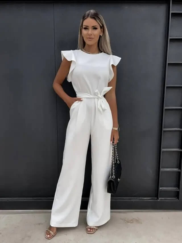 Dames Jumpsuit met Vlindermouwen en Brede Pijpen Wit