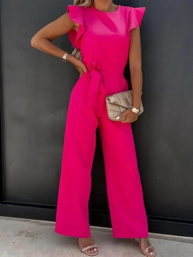 Dames Jumpsuit met Vlindermouwen en Brede Pijpen Roze