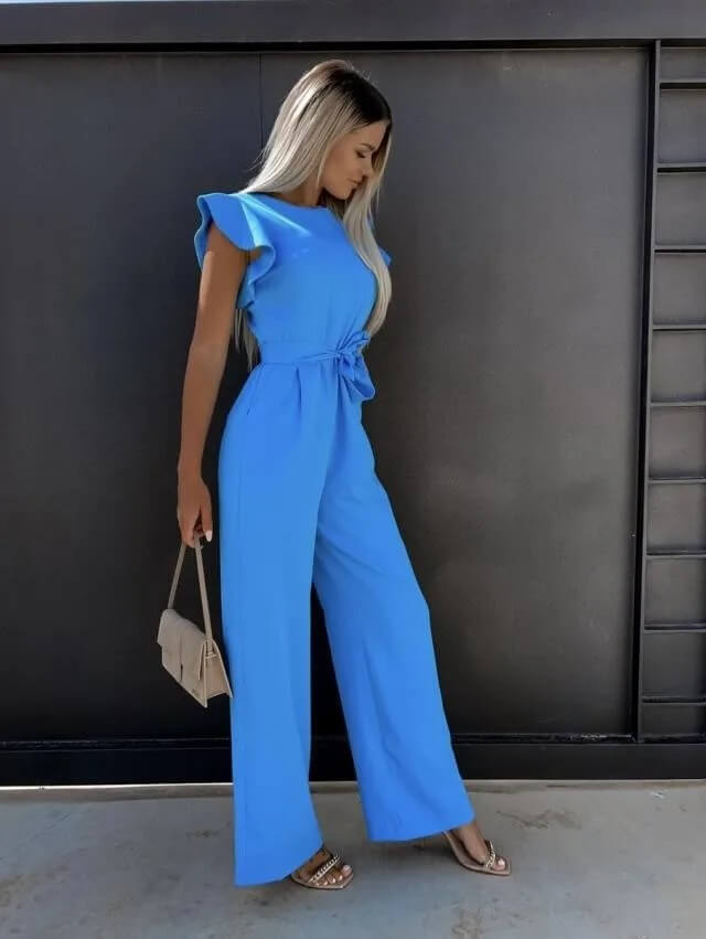 Dames Jumpsuit met Vlindermouwen en Brede Pijpen Blauw