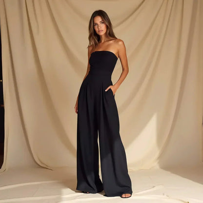 Dames Jumpsuit met Wijde Pijpen en Strapless Ontwerp Zwart