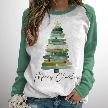 Dames Kersttrui met Kerstboomprint en Contrasterende Mouwen Lichtgroen