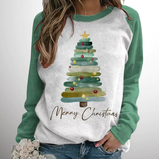 Dames Kersttrui met Kerstboomprint en Contrasterende Mouwen Lichtgroen