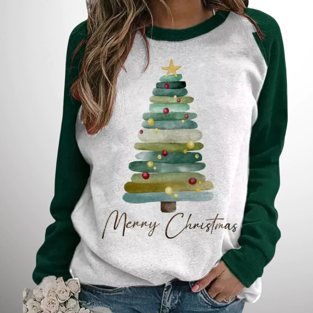 Dames Kersttrui met Kerstboomprint en Contrasterende Mouwen Donkergroen