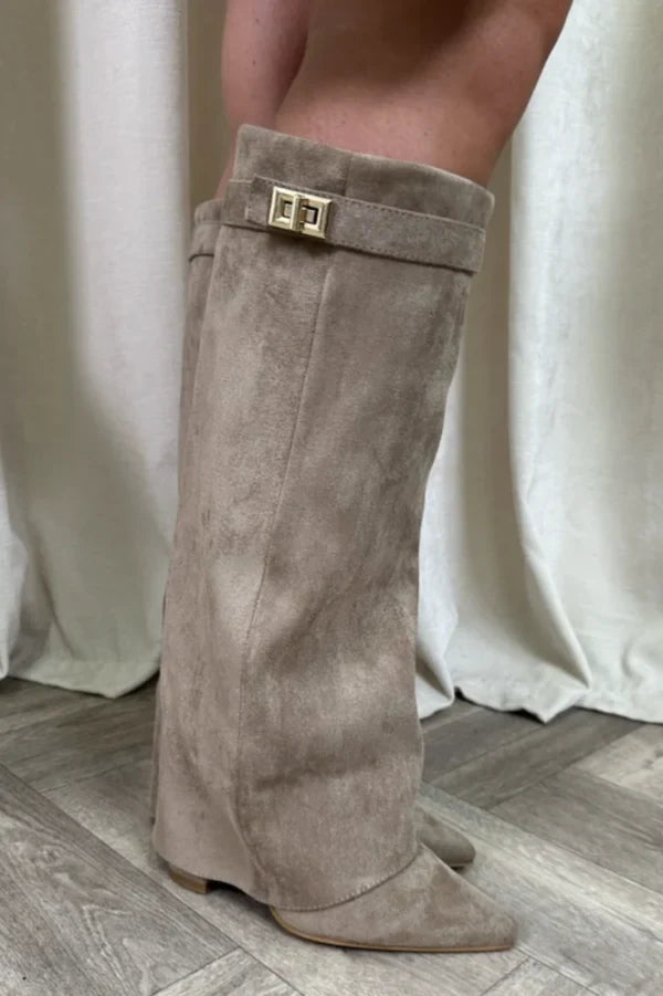 Dames Hak Laarzen met Flap en Ritssluiting Beige suede