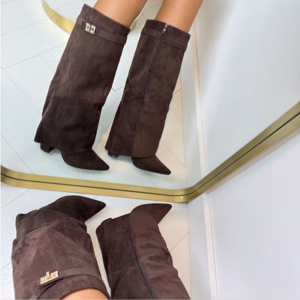 Dames Hak Laarzen met Flap en Ritssluiting Bruin suede