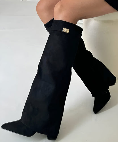 Dames Hak Laarzen met Flap en Ritssluiting Zwart suede