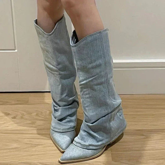 Dames Wijde Cowboylaarzen Denim met Spitse Neus Lichtblauw