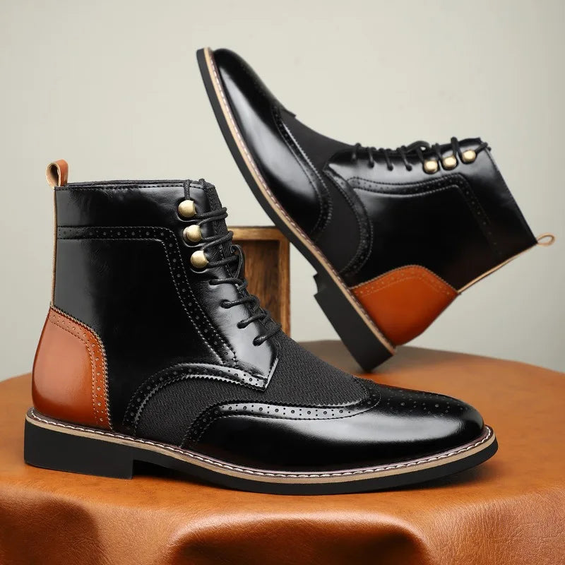 Dames Laarzen met Brogue-Details, Vetersluiting en Lage Hak Zwart