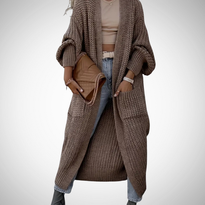 Dames Lang Gebreid Cardigan Vest met Open Voorzijde en Zakken Donkerbruin