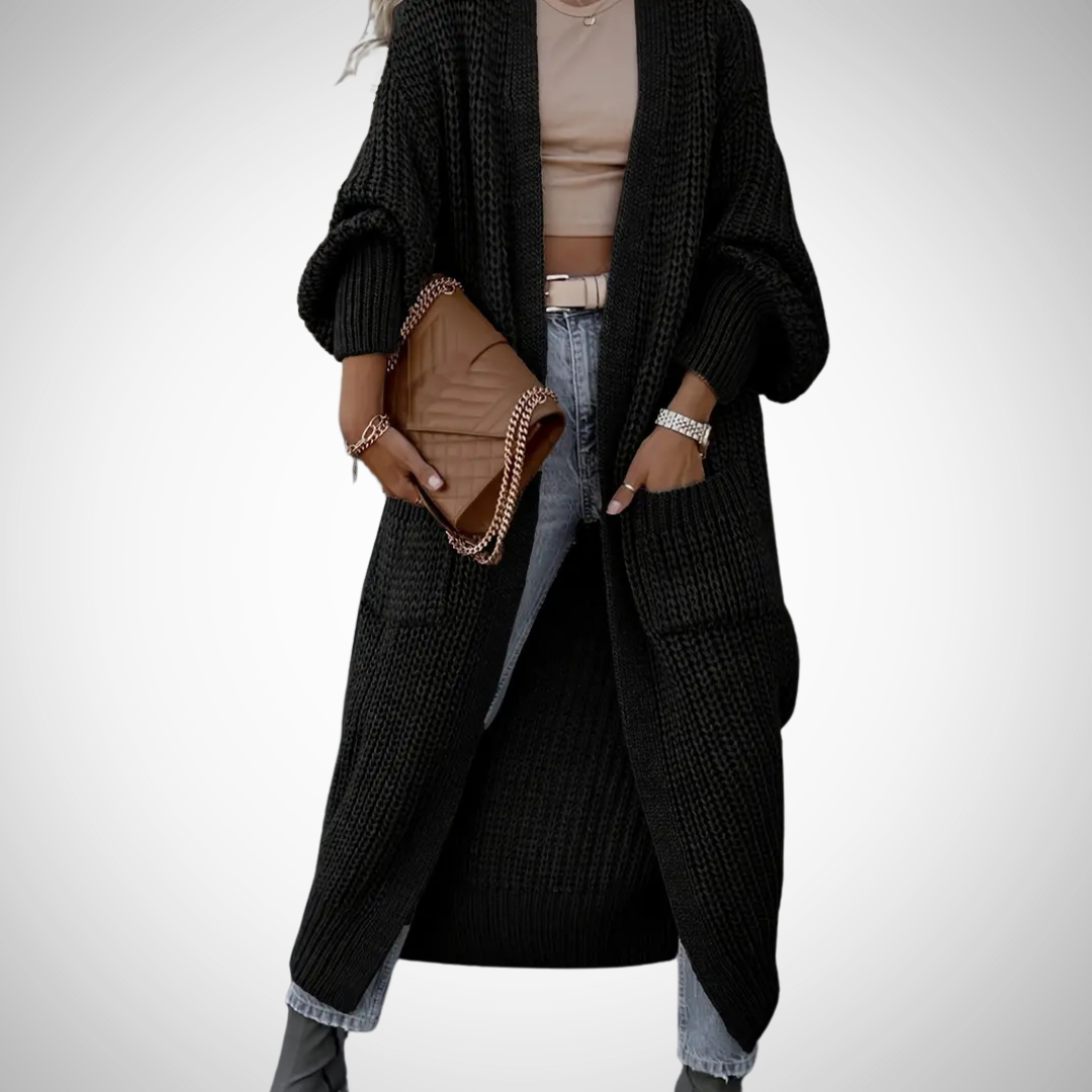 Dames Lang Gebreid Cardigan Vest met Open Voorzijde en Zakken Zwart