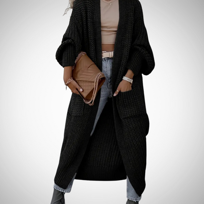 Dames Lang Gebreid Cardigan Vest met Open Voorzijde en Zakken Zwart