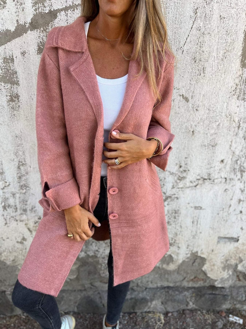 Dames Lange Gebreide Cardigan met Reverskraag Vestjas Roze