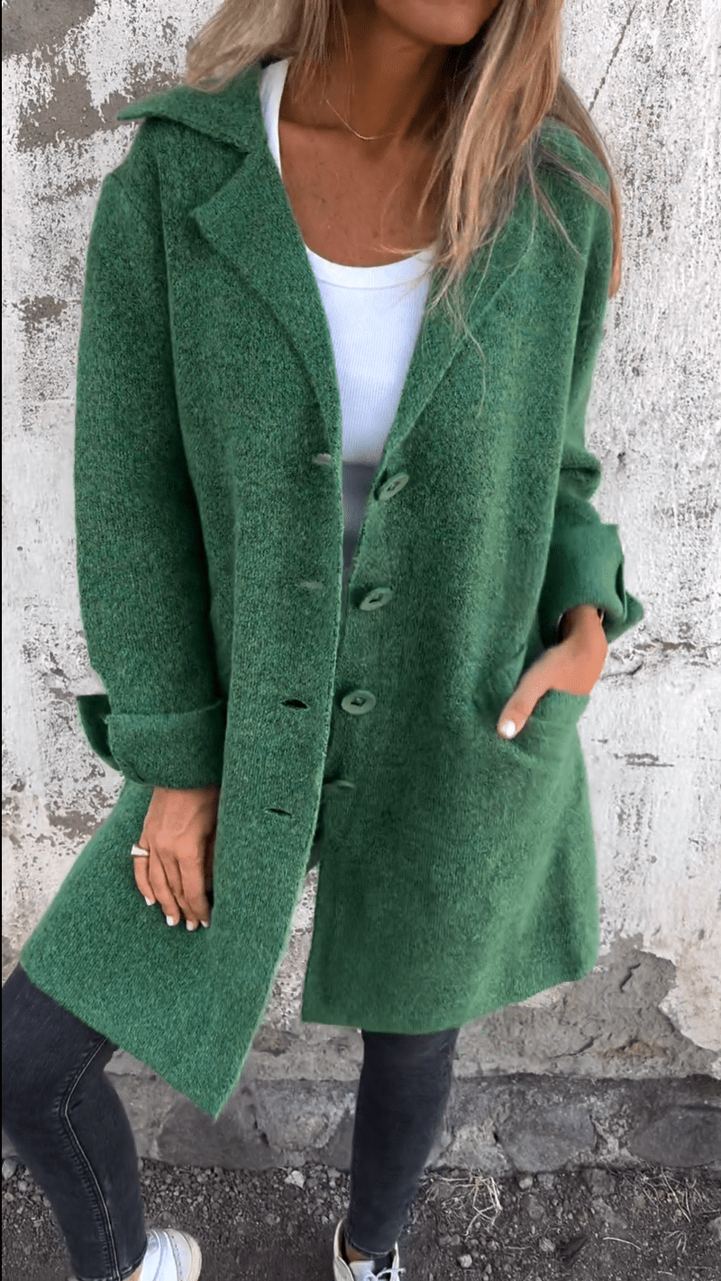 Dames Lange Gebreide Cardigan met Reverskraag Vestjas Groen