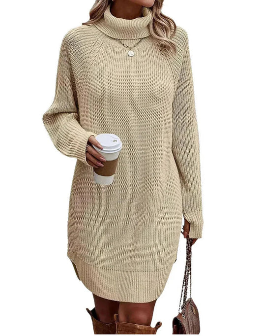 Dames Warme Lange Jurk met Col en Elegante Pasvorm Khaki