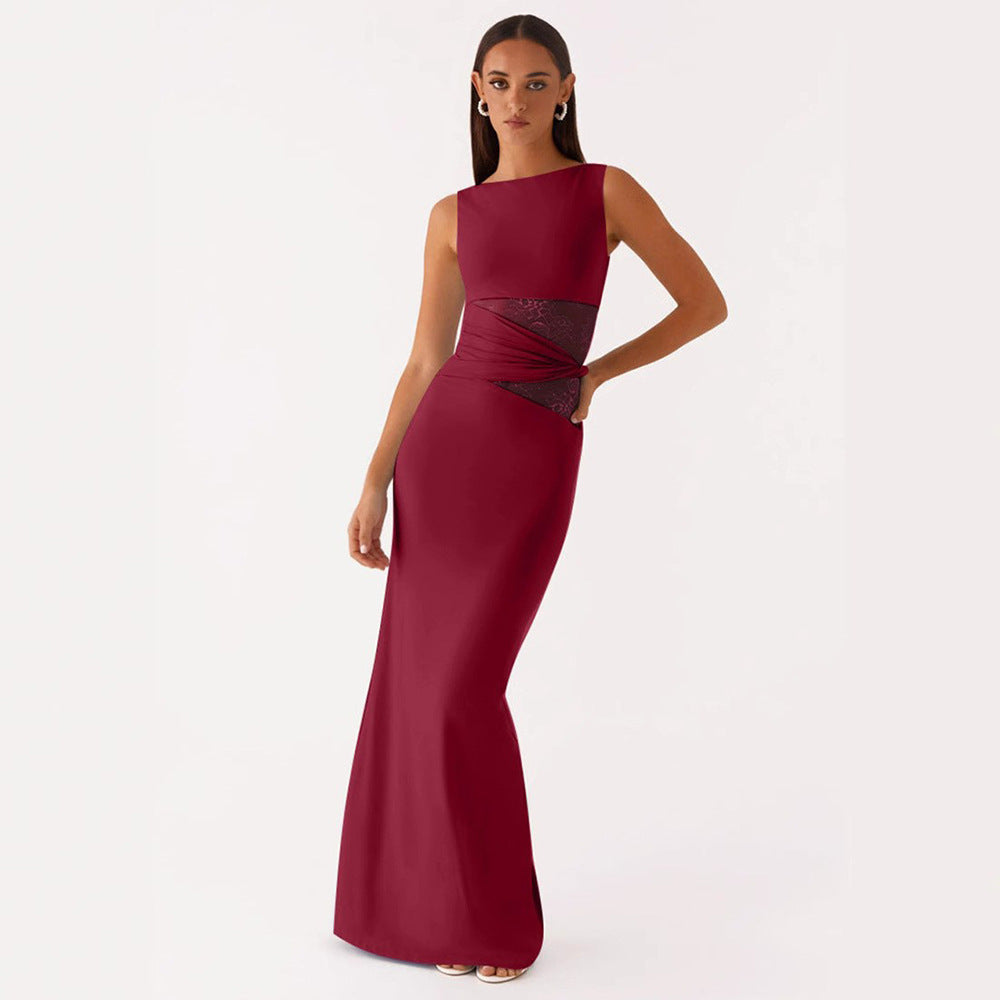 Dames Mouwloze Lange Jurk met Fishtail Onderkant voor Avondgelegenheden Bordeauxrood