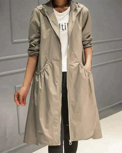 Dames Extra Lange Regenjas met Capuchon en Losse Pasvorm Beige