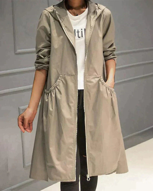 Dames Extra Lange Regenjas met Capuchon en Losse Pasvorm Beige