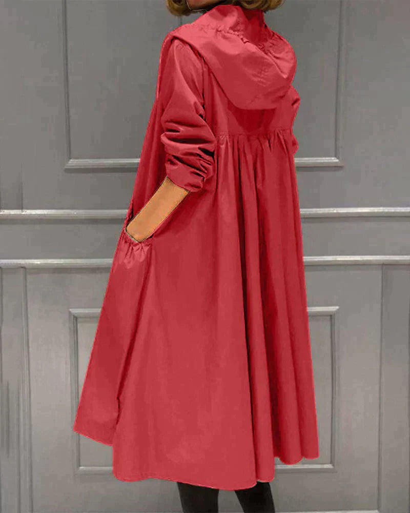 Dames Extra Lange Regenjas met Capuchon en Losse Pasvorm Rood