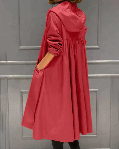 Dames Extra Lange Regenjas met Capuchon en Losse Pasvorm Rood