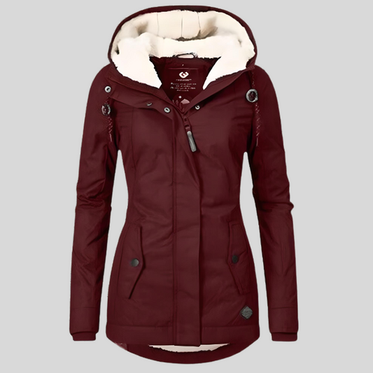 Dames Lange Waterdichte Winterjas met Capuchon Bordeauxrood