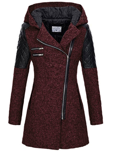 Dames Lange Jas met Capuchon en Asymmetrische Rits voor Winter Rood