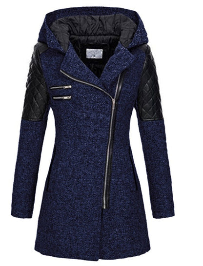 Dames Lange Jas met Capuchon en Asymmetrische Rits voor Winter Blauw