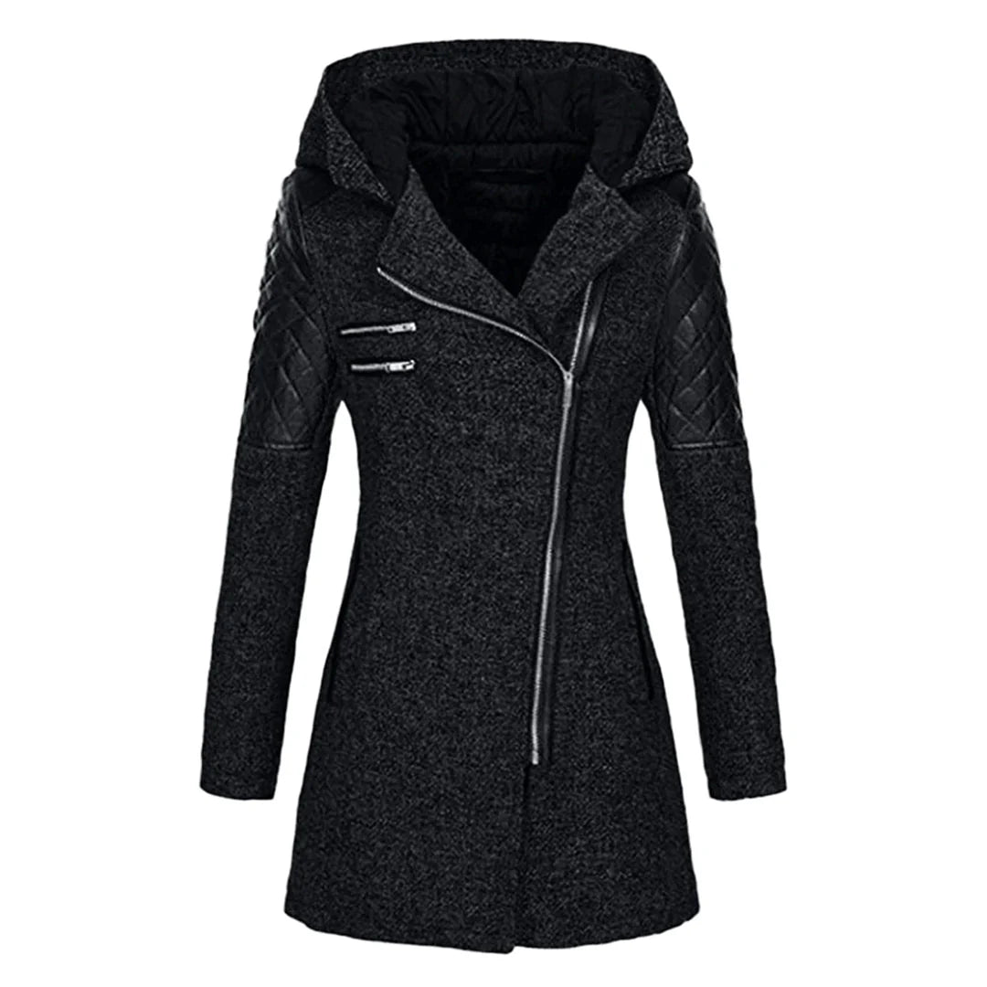 Dames Lange Jas met Capuchon en Asymmetrische Rits voor Winter Zwart