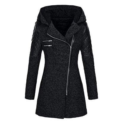 Dames Lange Jas met Capuchon en Asymmetrische Rits voor Winter Zwart