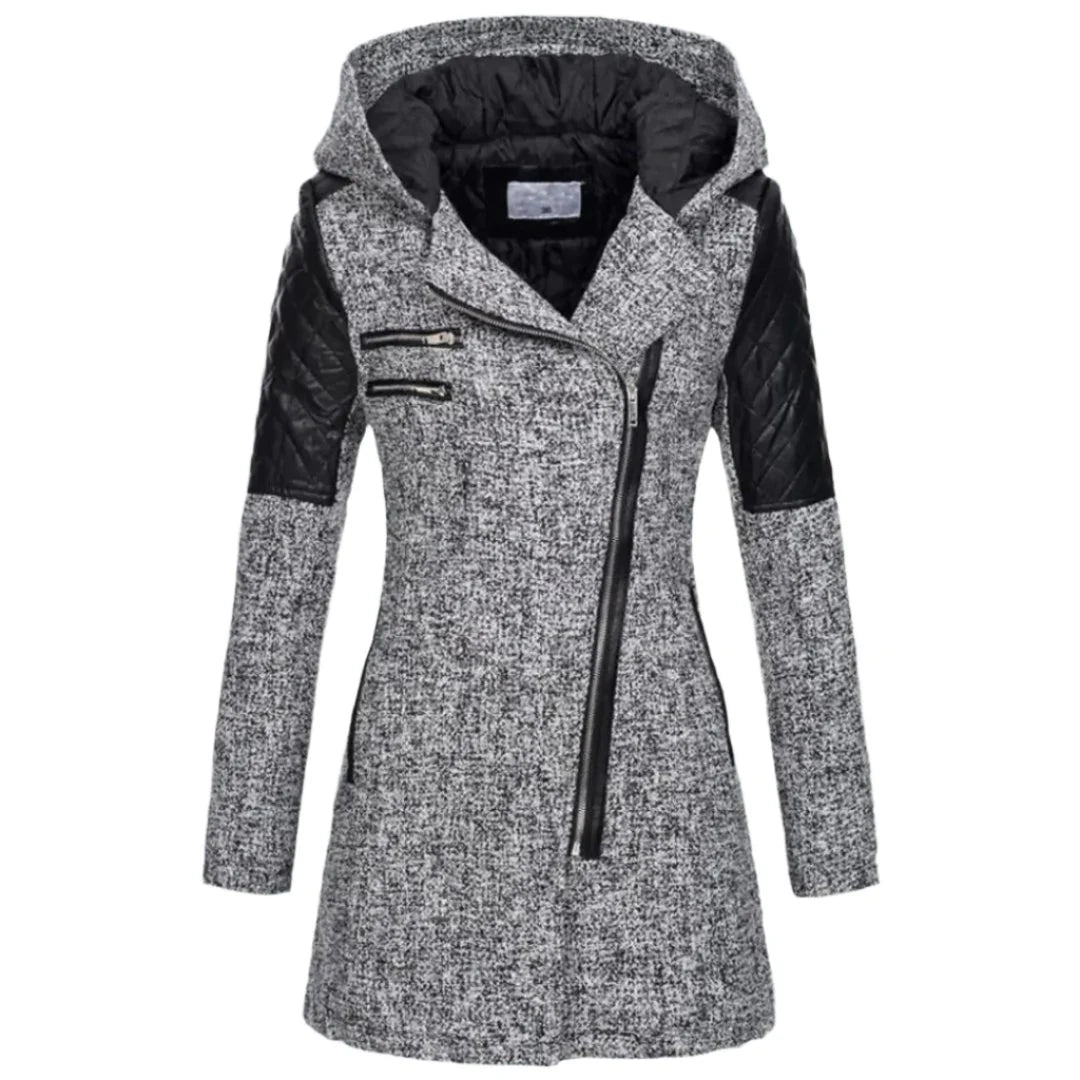 Dames Lange Jas met Capuchon en Asymmetrische Rits voor Winter Lichtgrijs