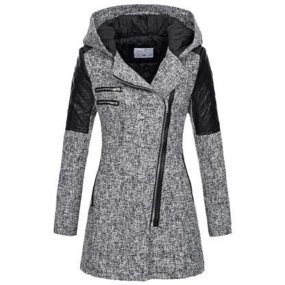 Dames Lange Jas met Capuchon en Asymmetrische Rits voor Winter Lichtgrijs