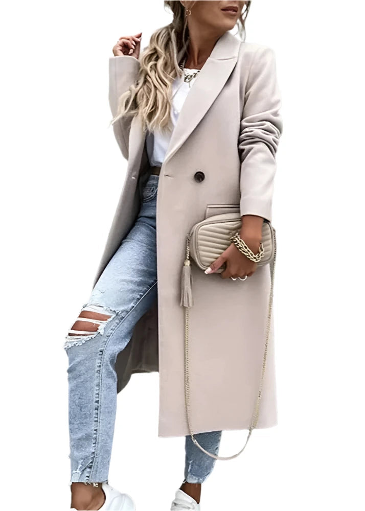 Dames Trenchcoat Winterjas Lang met Getailleerde Pasvorm Beige