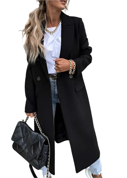 Dames Trenchcoat Winterjas Lang met Getailleerde Pasvorm Zwart