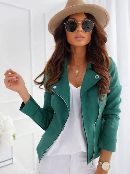 Dames Biker Jack Slim Fit met Decoratieve Knopen Groen
