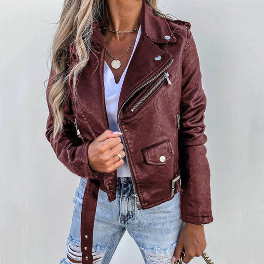 Dames Biker Jas met Rits en Opstaande Kraag Rood