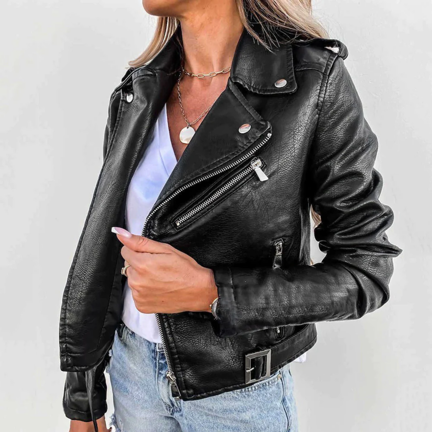 Dames Biker Jas met Rits en Opstaande Kraag