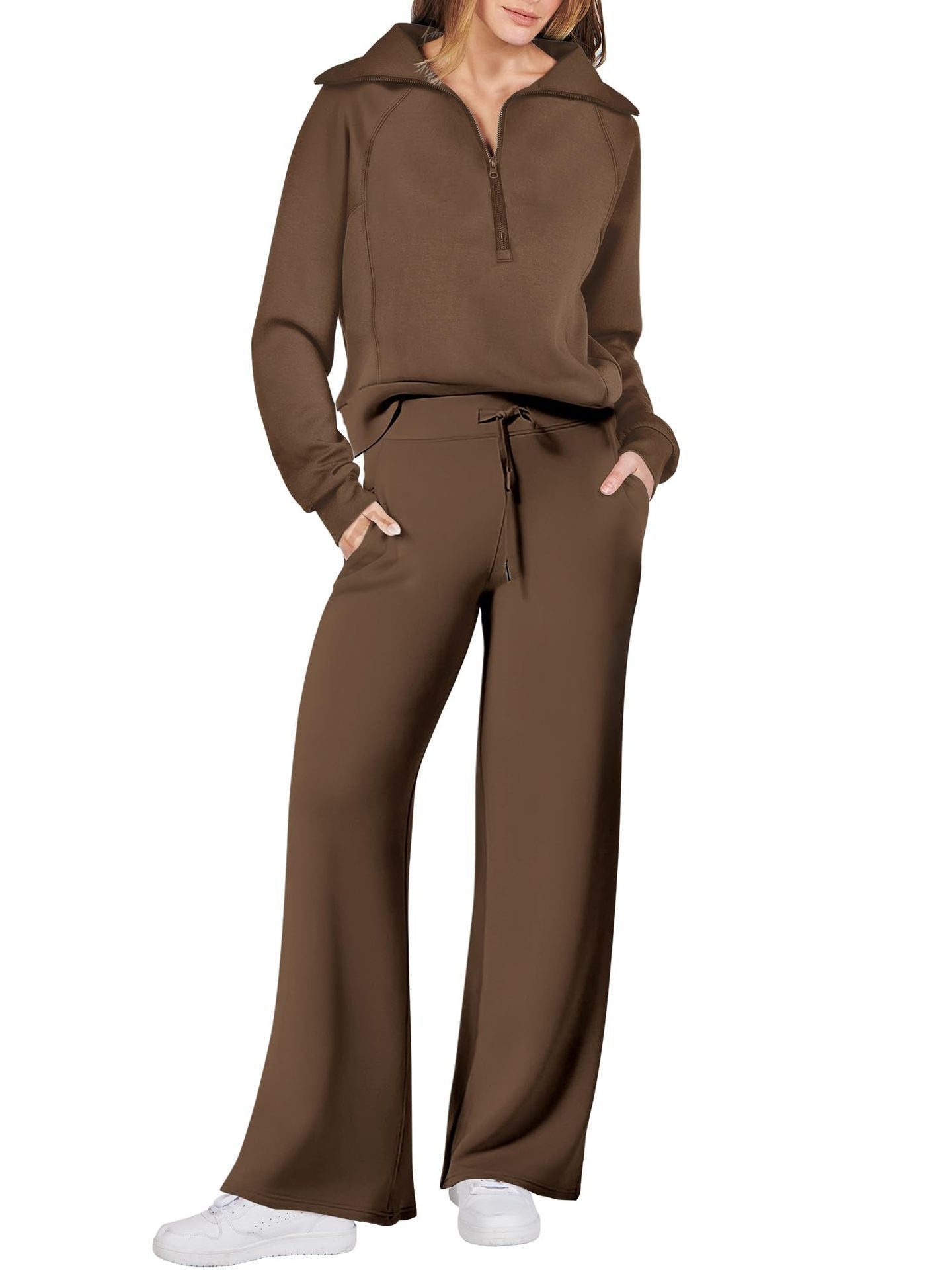 Dames Lounge Set met Lange Mouwen en Ritssluiting Donkerbruin