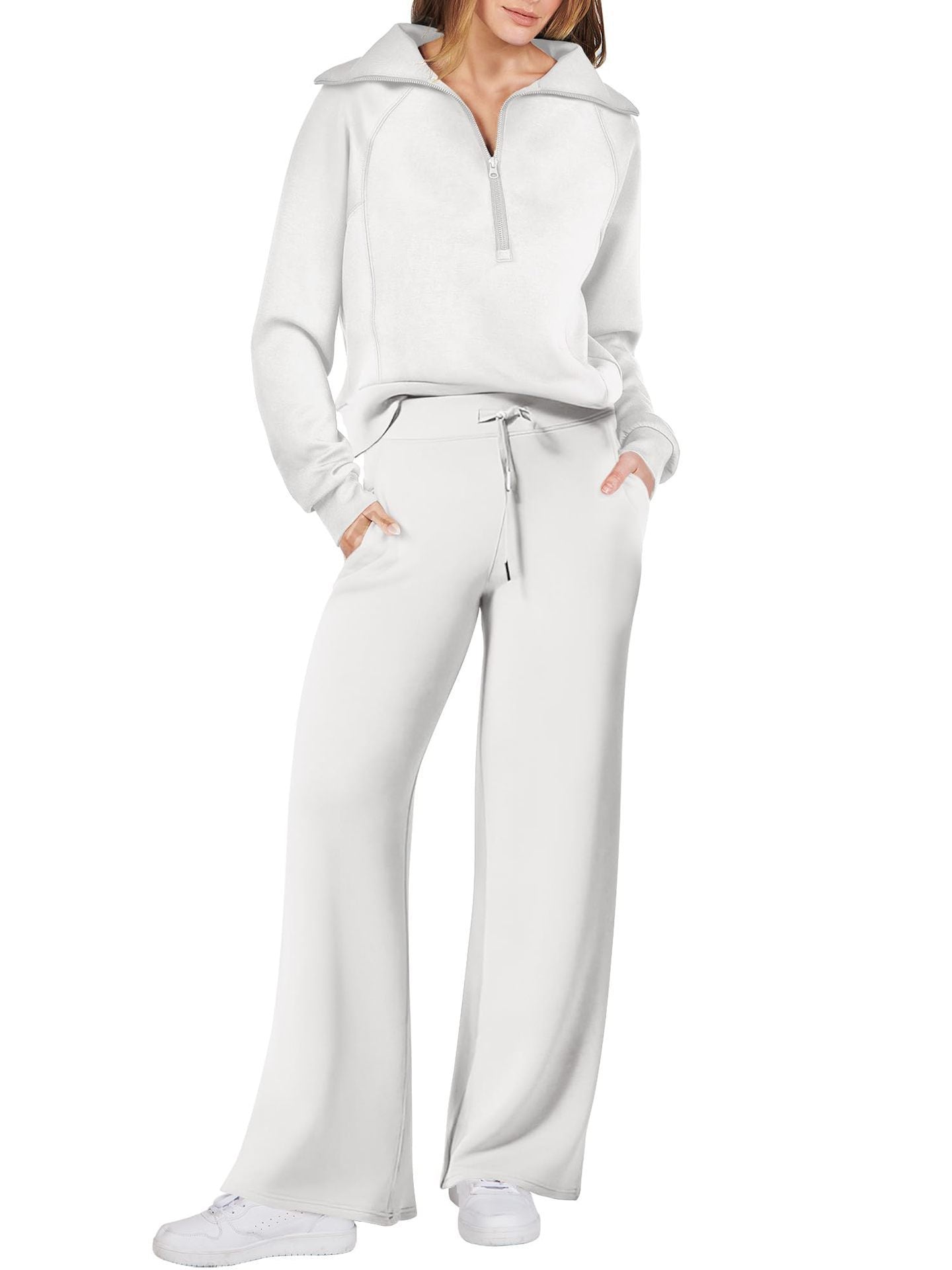 Dames Lounge Set met Lange Mouwen en Ritssluiting Wit
