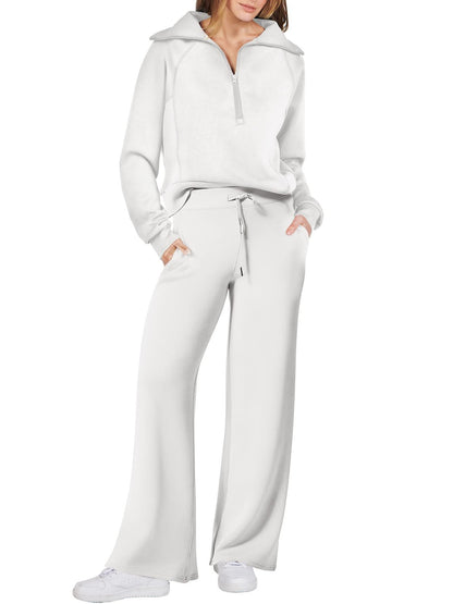 Dames Lounge Set met Lange Mouwen en Ritssluiting Wit