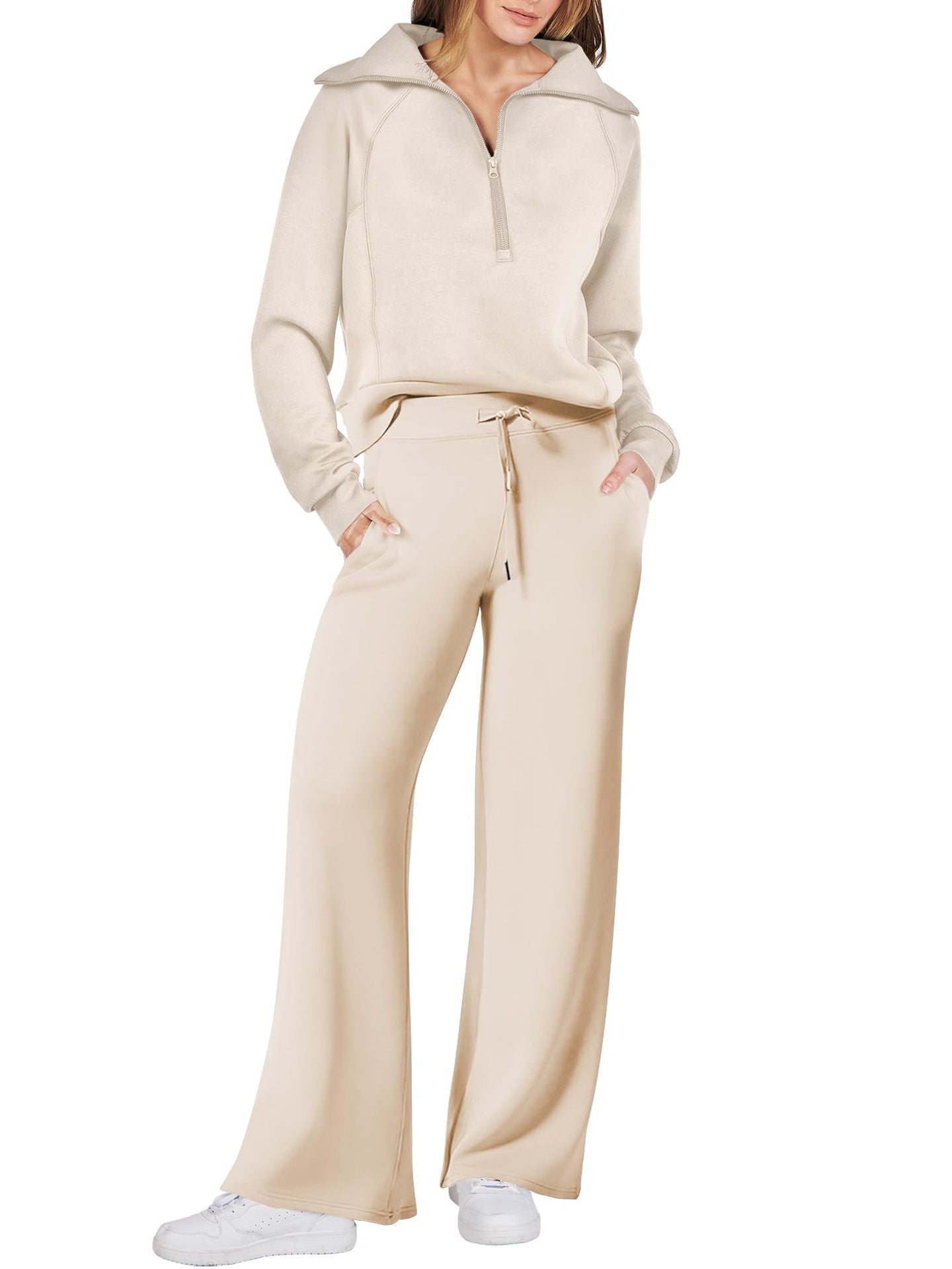 Dames Lounge Set met Lange Mouwen en Ritssluiting Beige