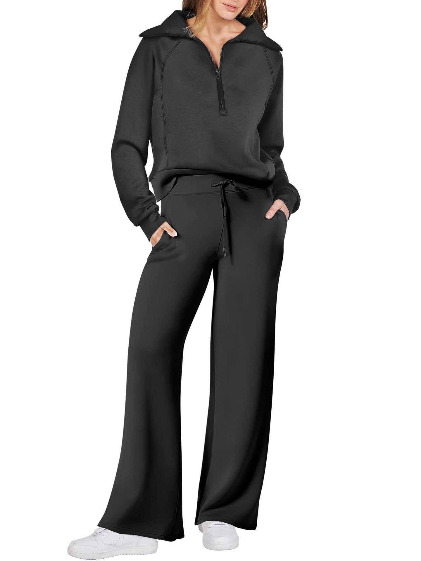 Dames Lounge Set met Lange Mouwen en Ritssluiting Zwart
