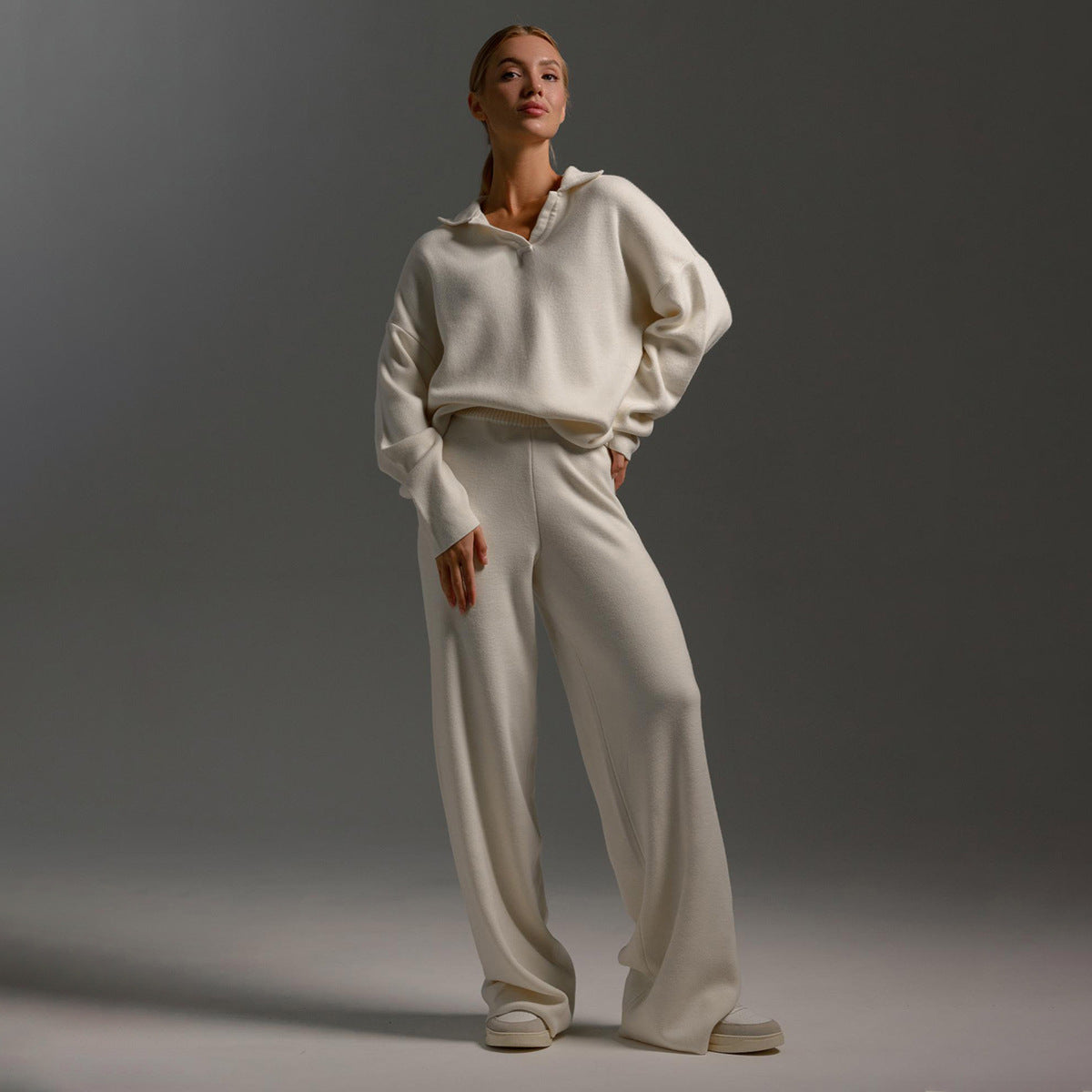 Dames Loungewear Set met Oversized Trui en Wijde Broek Wit