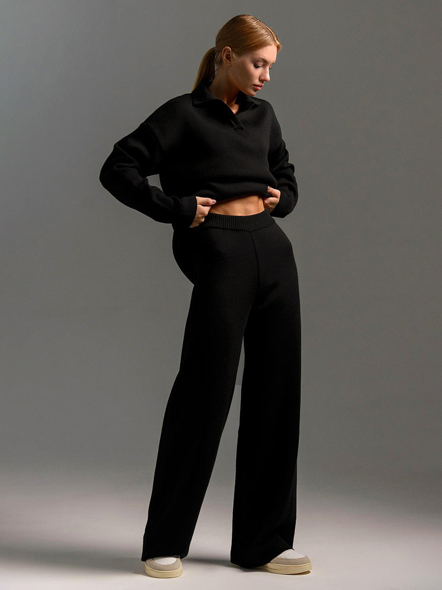 Dames Loungewear Set met Oversized Trui en Wijde Broek Zwart